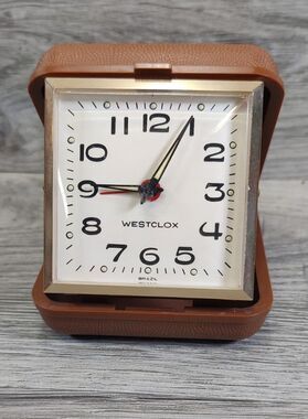 Working VTG Westclox Travel Alarm Clock Wind Up Brown Folding Case Mid-Century